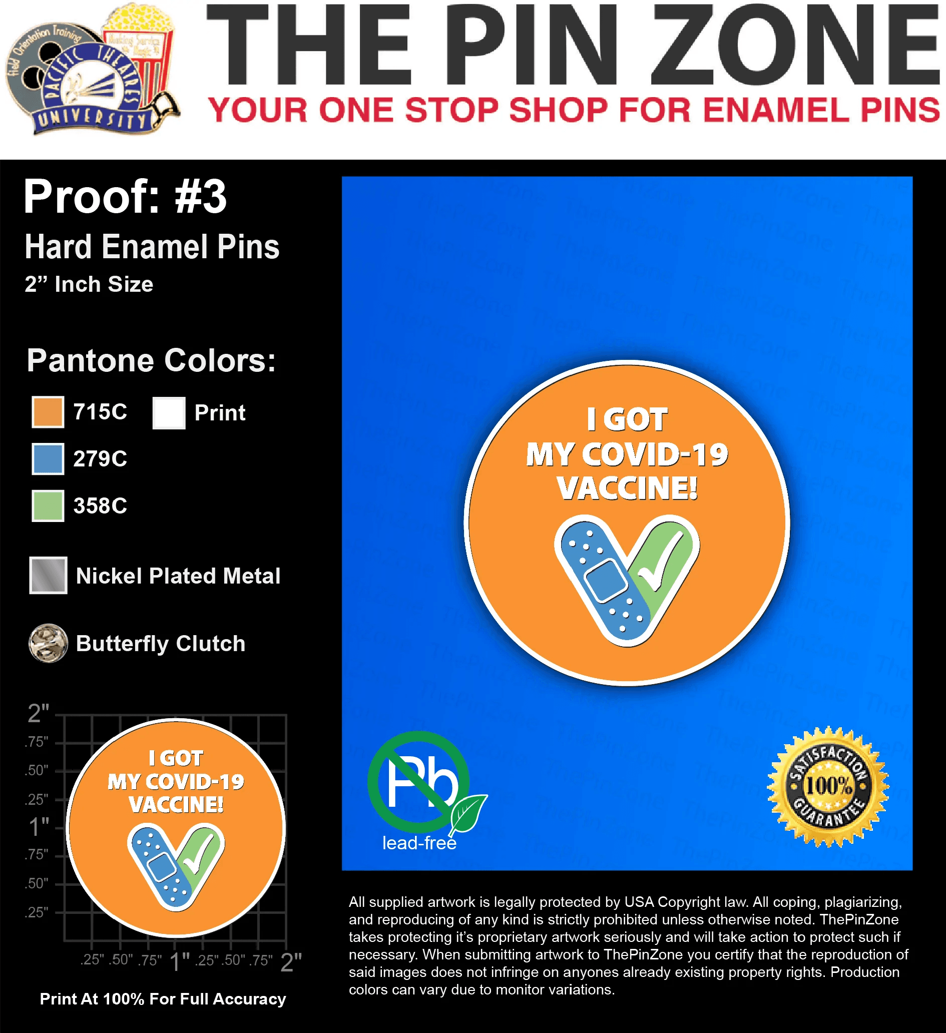 100 “COVID VACCINE” LAPEL PINS: PROOF #3