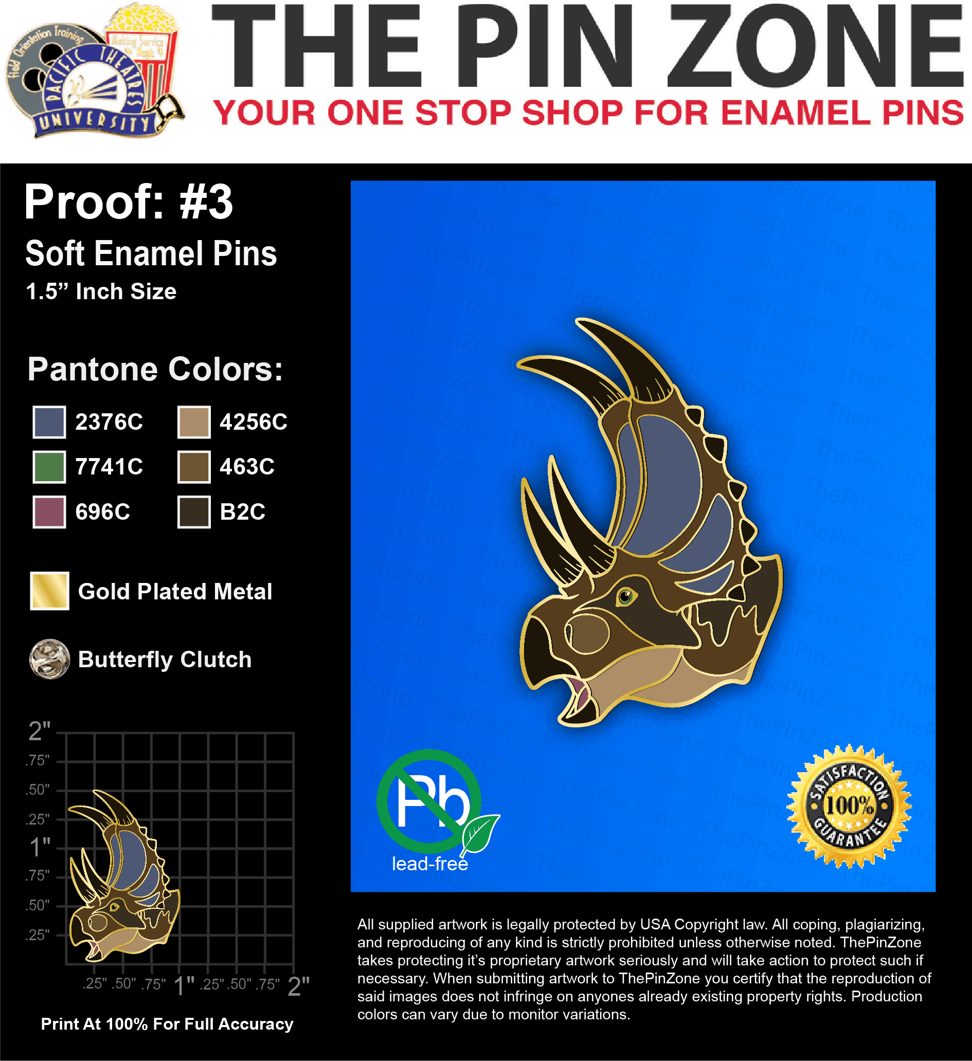 100 “DIABLOCERATOPS” LAPEL PINS: PROOF #3