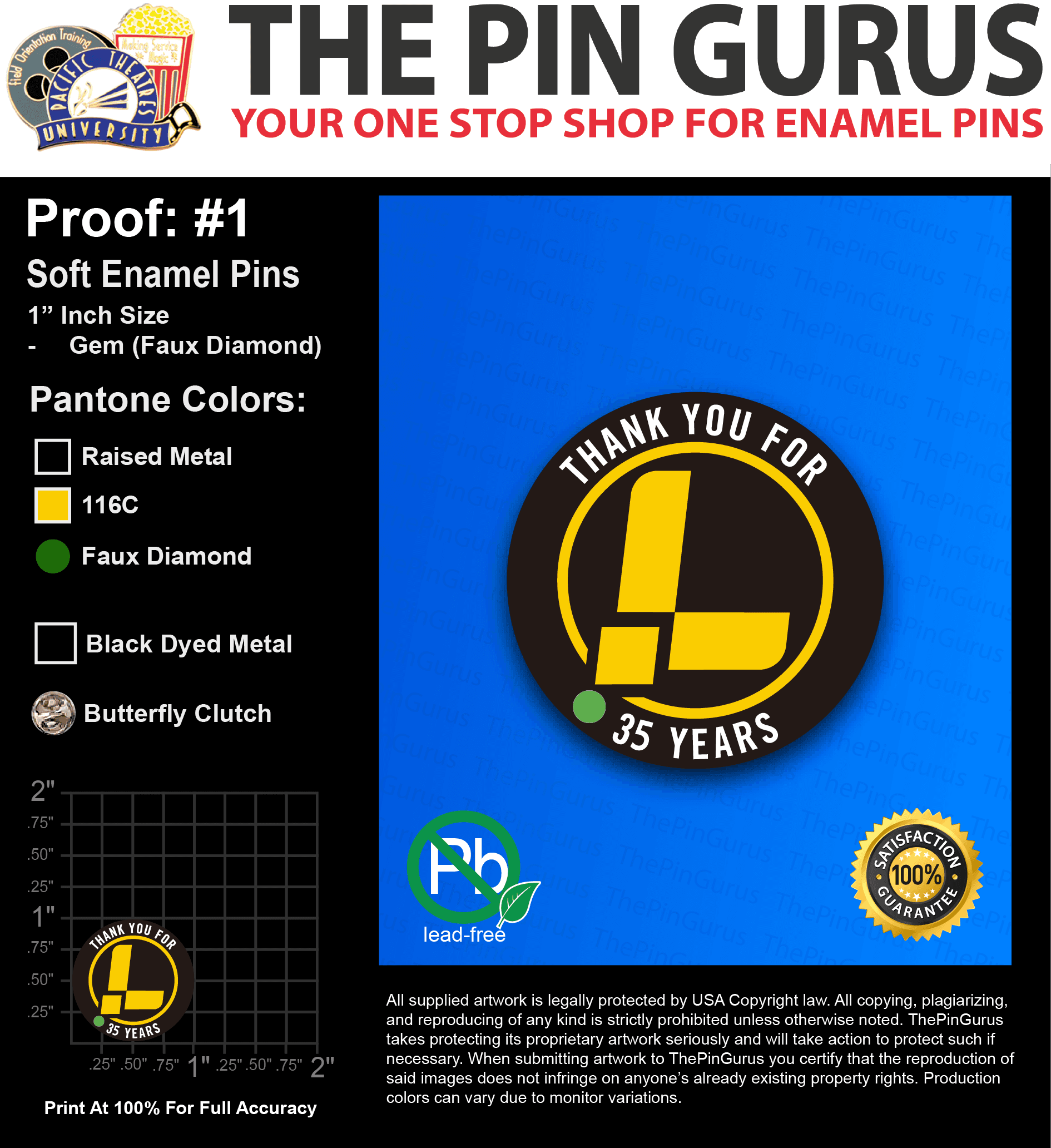 25 “LTG 35 YR” LAPEL PINS: PROOF #1