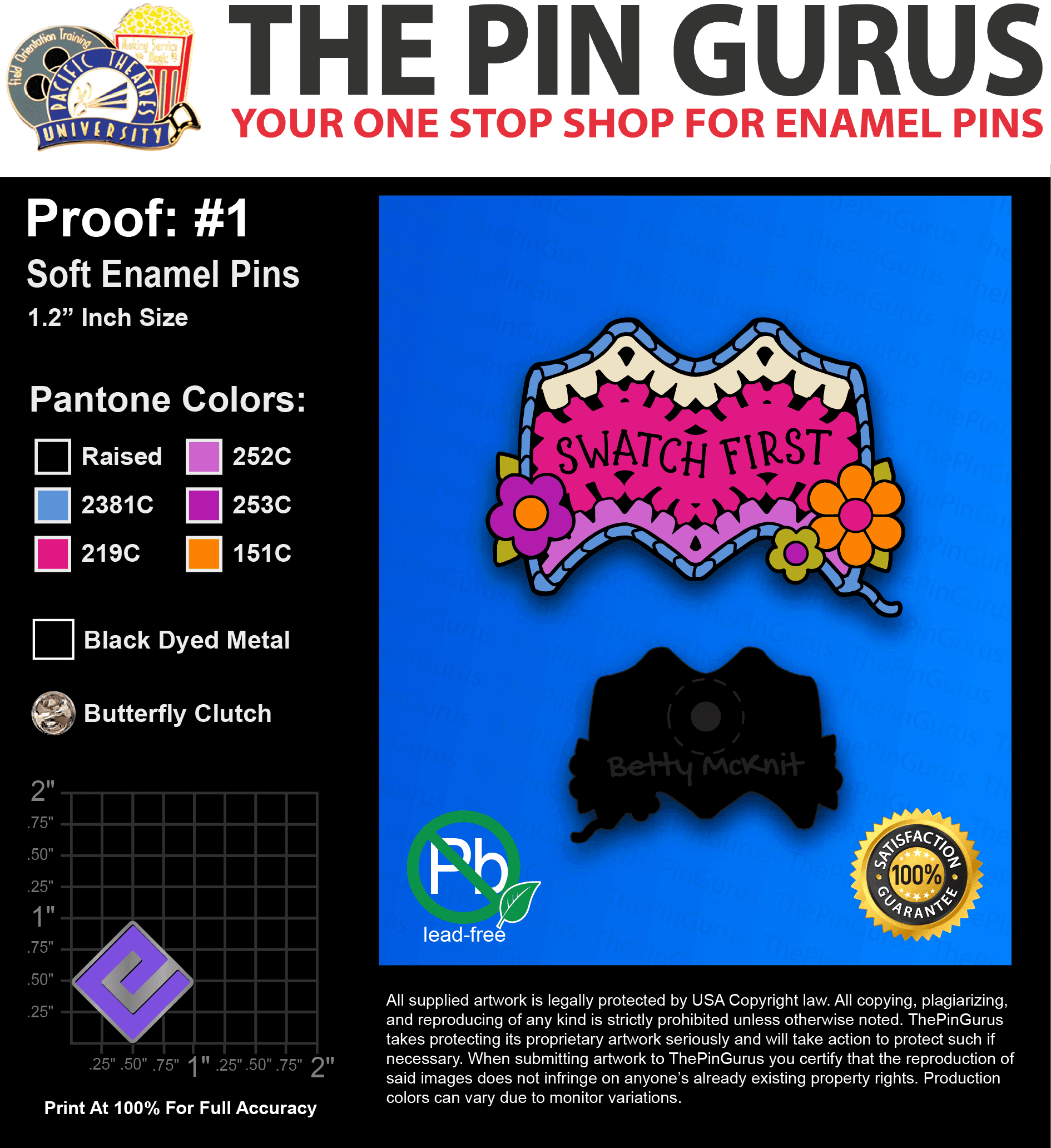 100 “BETH M” LAPEL PINS: PROOF #1