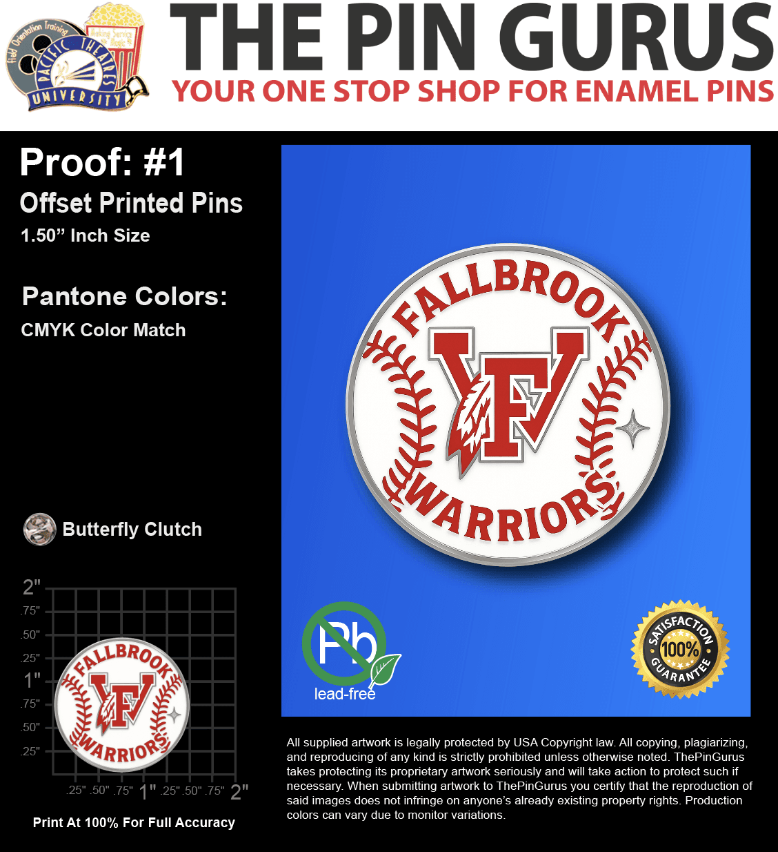 300 "FALLBROOK WARRIORS" LAPEL PINS: PROOF #1