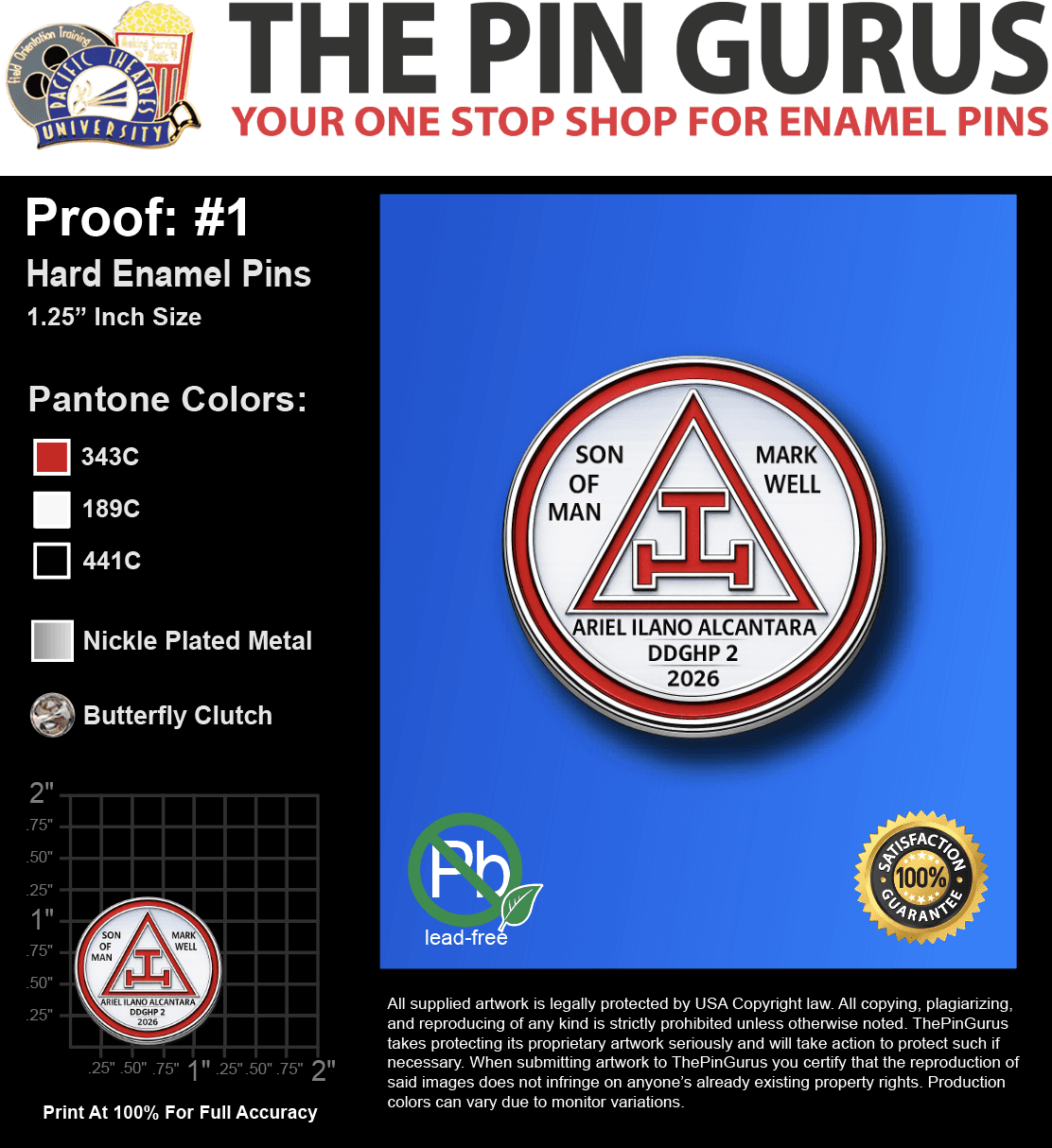100 "ARIEL A" LAPEL PINS: PROOF #1