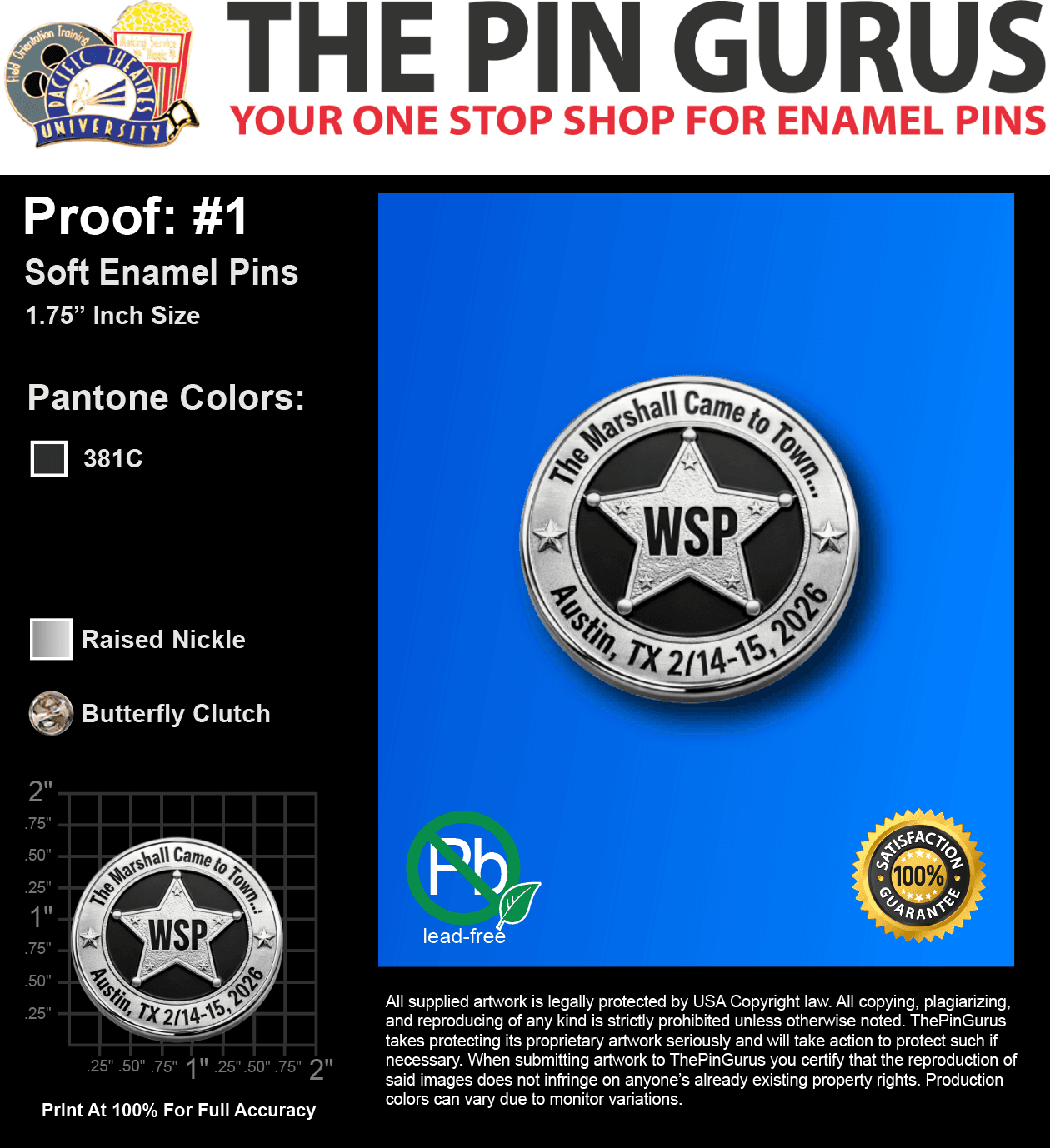 100 "TRENT N" LAPEL PINS: PROOF #1