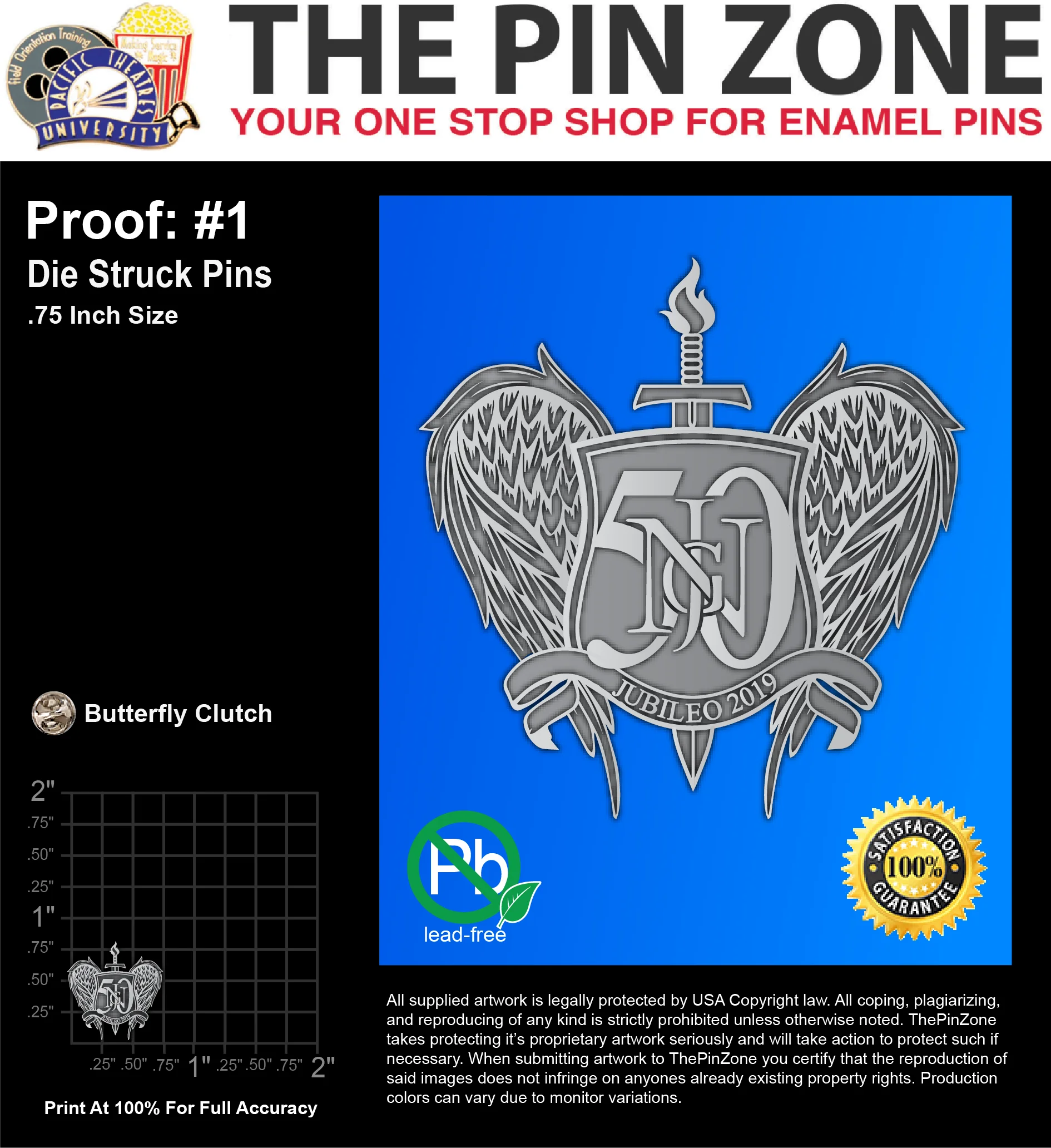 50 “JUBILO 2019” LAPEL PINS: PROOF #1