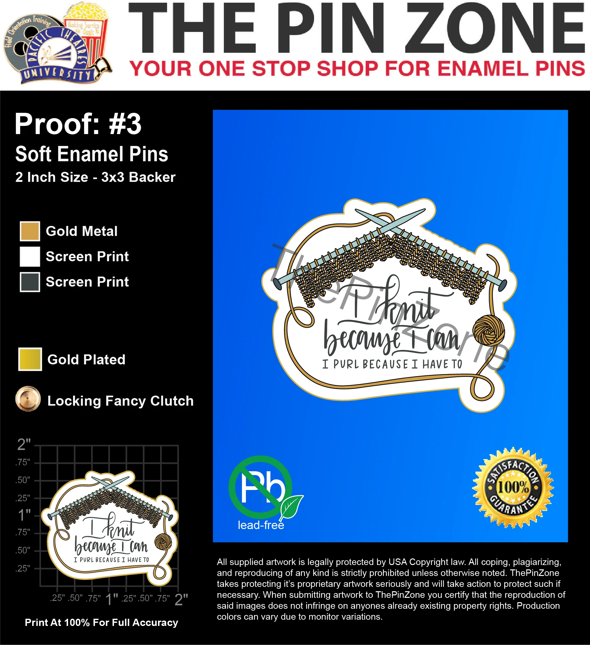 100 “I KNIT” LAPEL PINS: PROOF #3