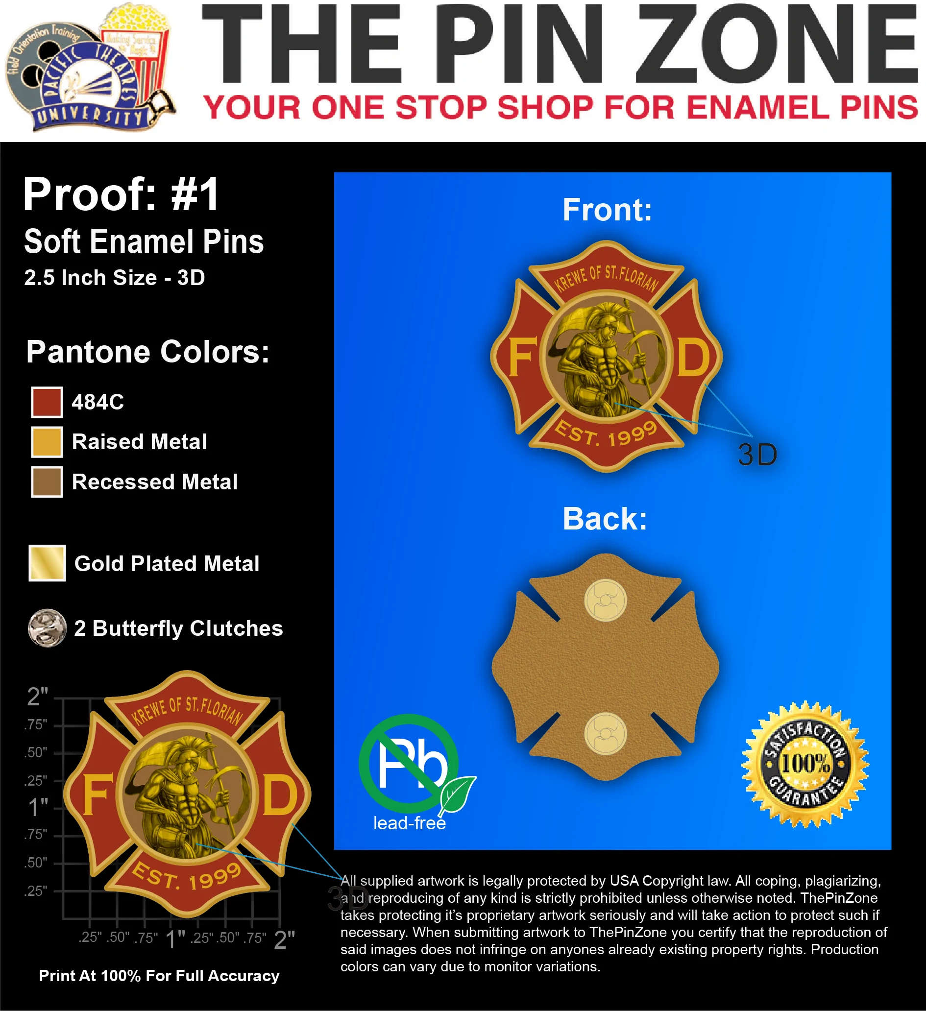 100 “KREWE OF ST. FLORIAN” LAPEL PINS: PROOF #1