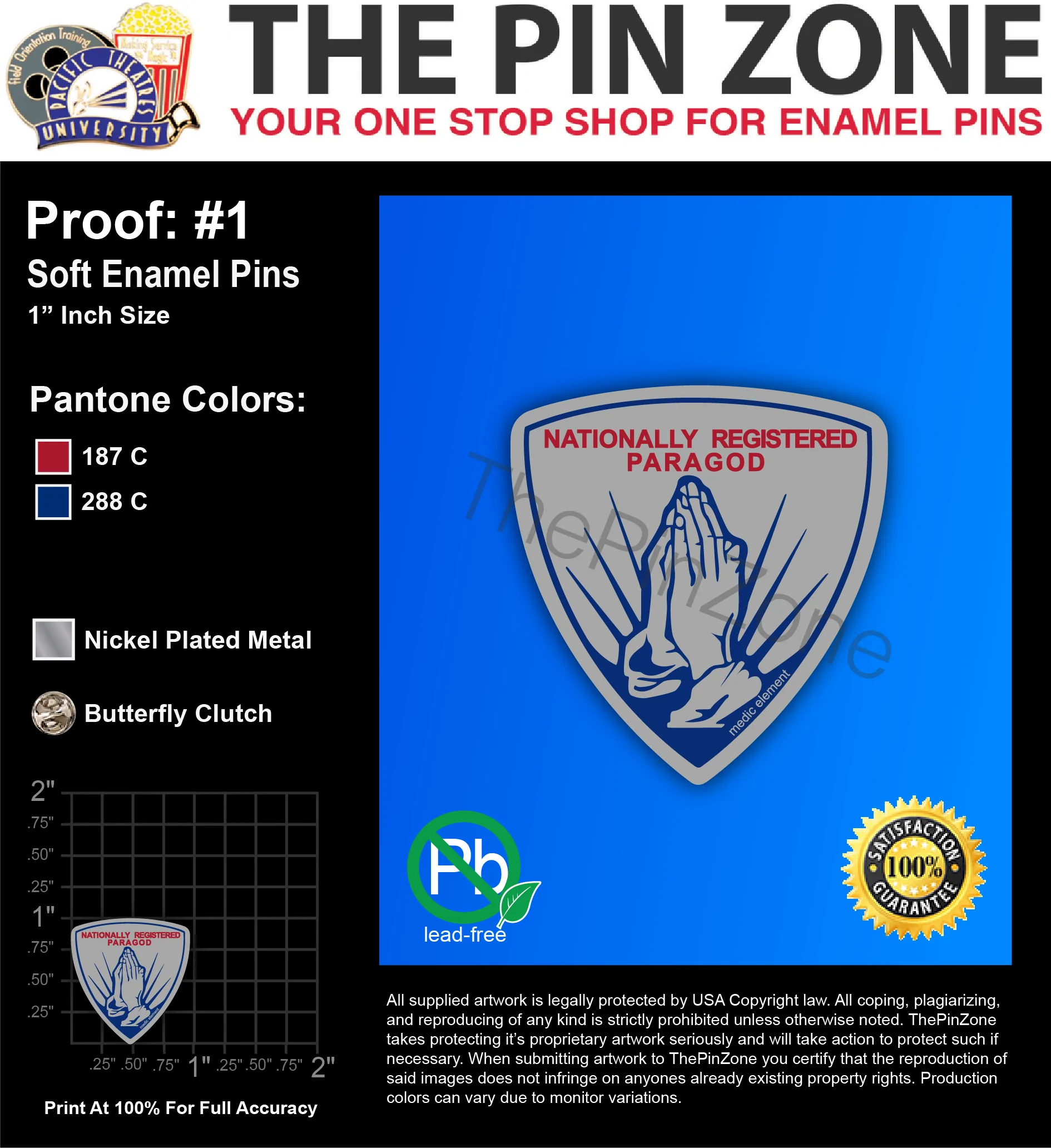 150 “NATIONALLY PARAGOD” LAPEL PINS: PROOF #1