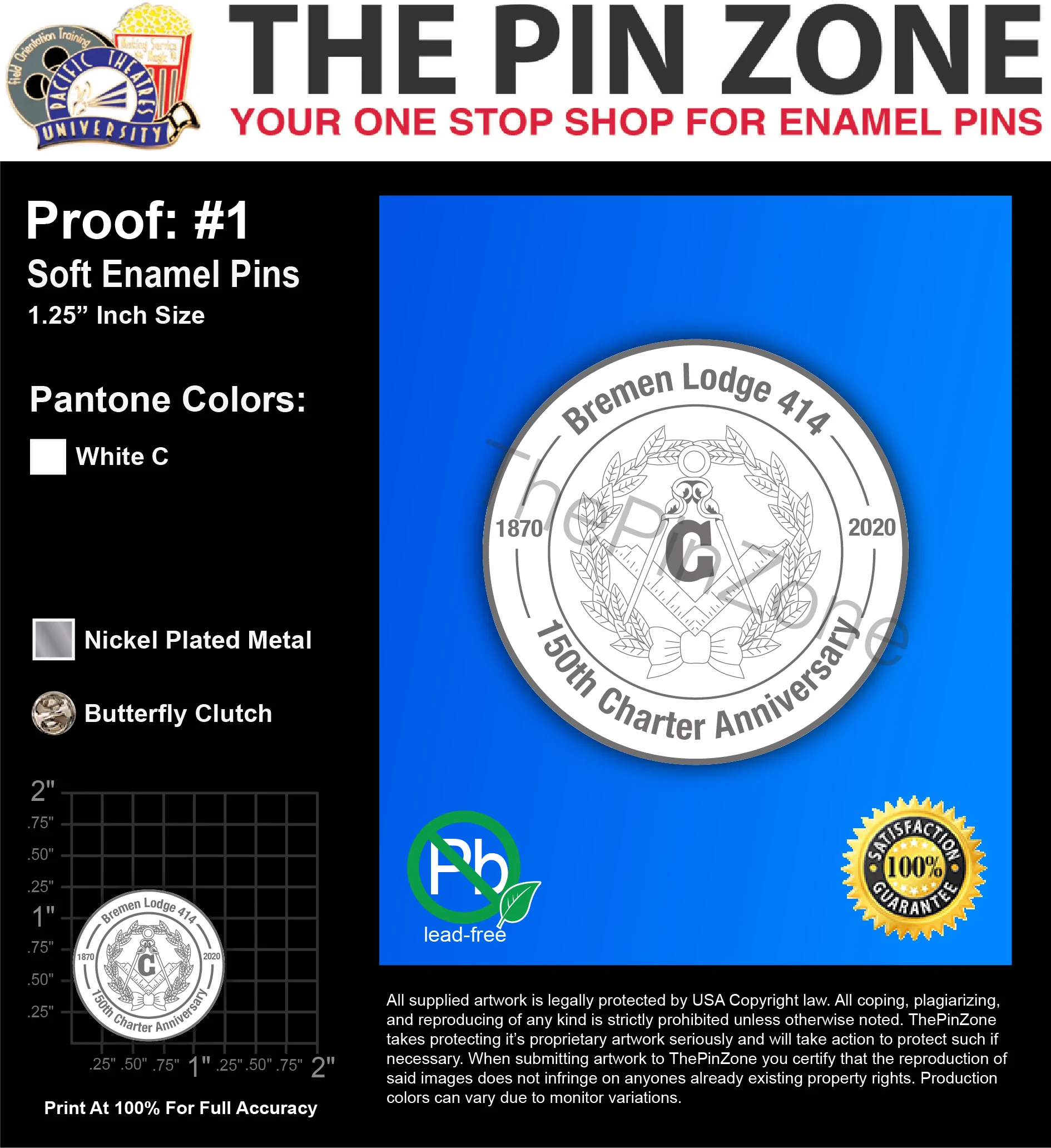 100 “BREMEN LODGE 414” LAPEL PINS: PROOF #1