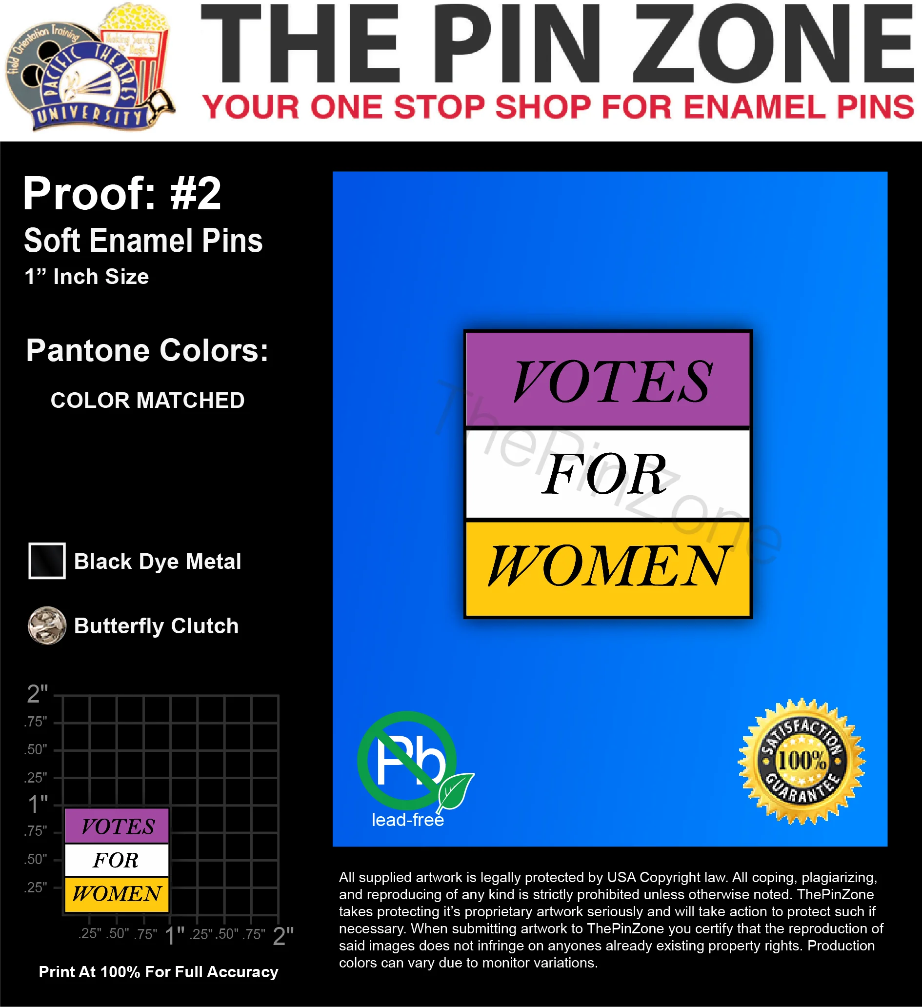 100 “VOTES FOR WOMEN” LAPEL PINS: PROOF #2