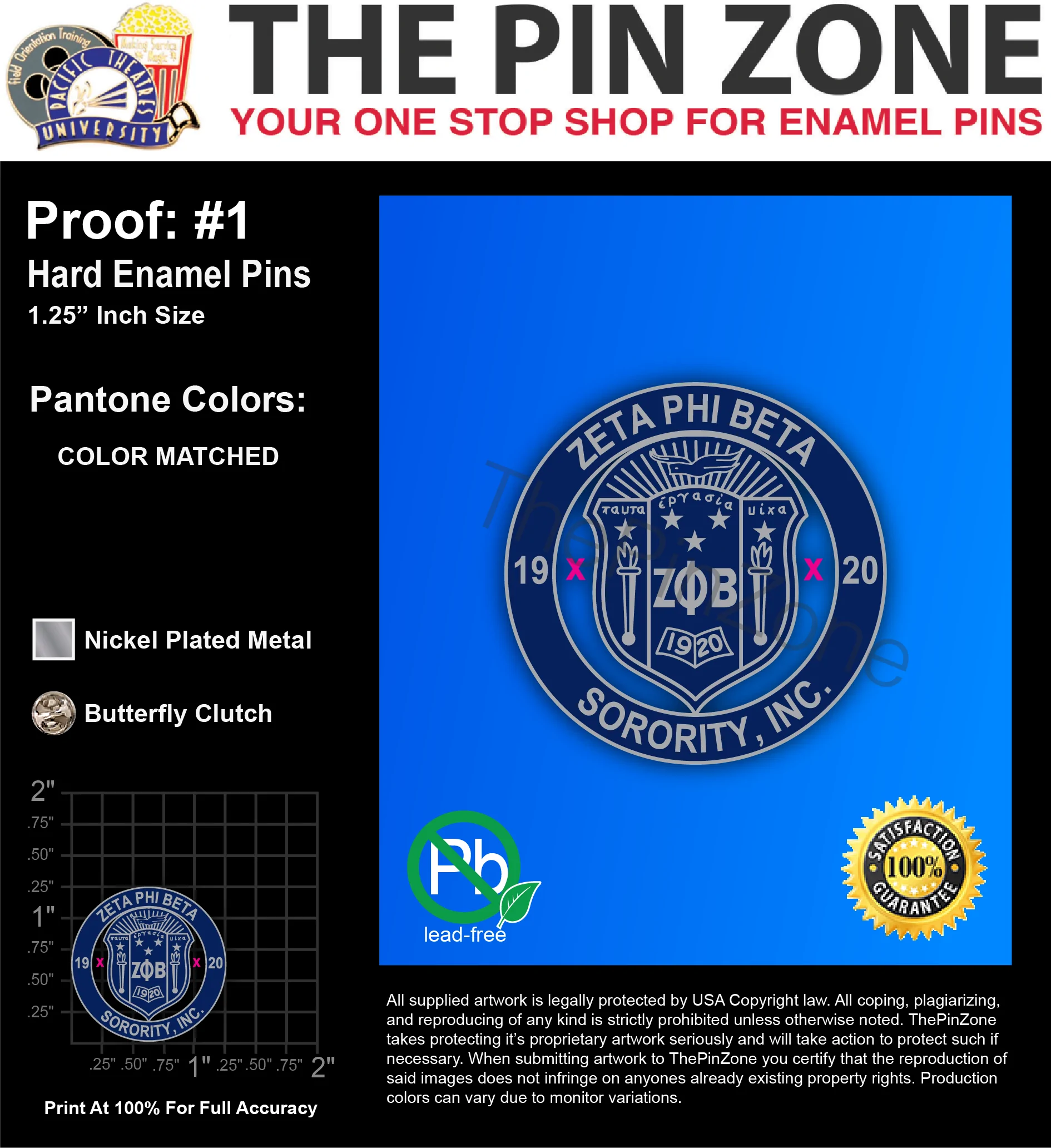 150 “ZOB SORORITY INC” LAPEL PINS: PROOF #1