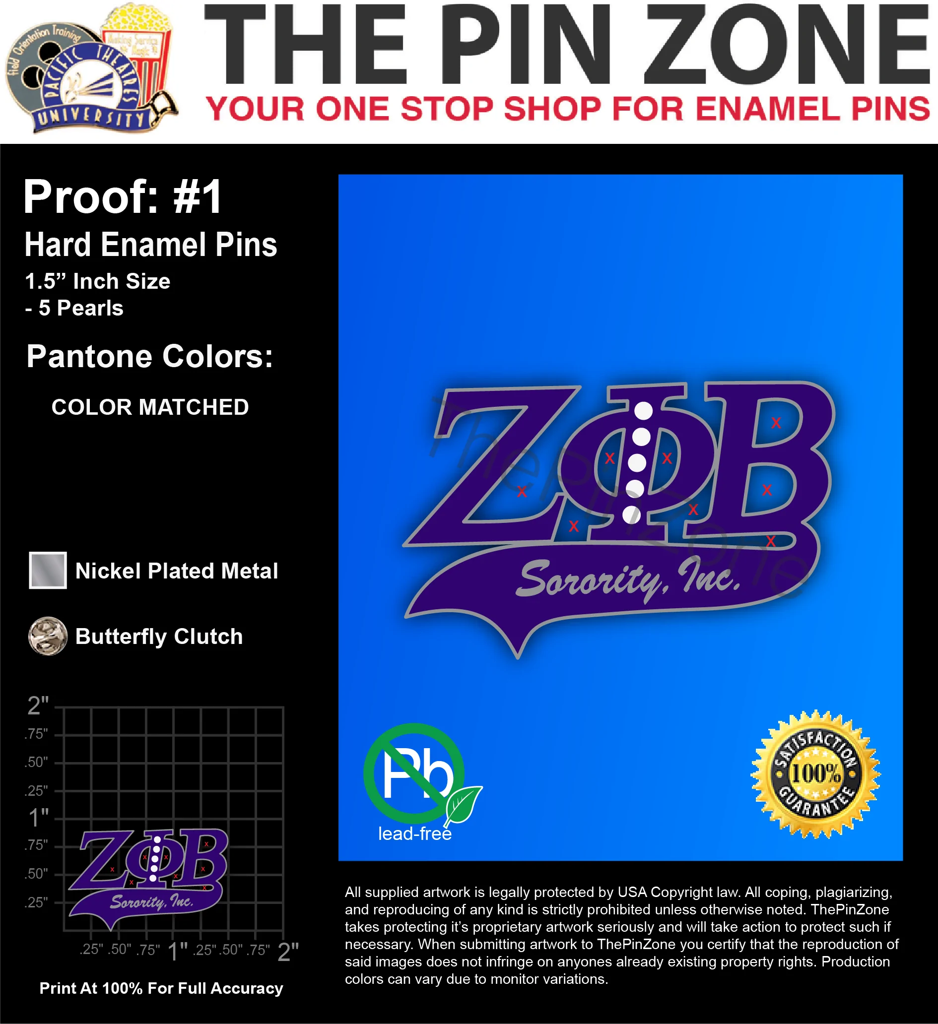 100 “ZOB SORORITY” LAPEL PINS: PROOF #1
