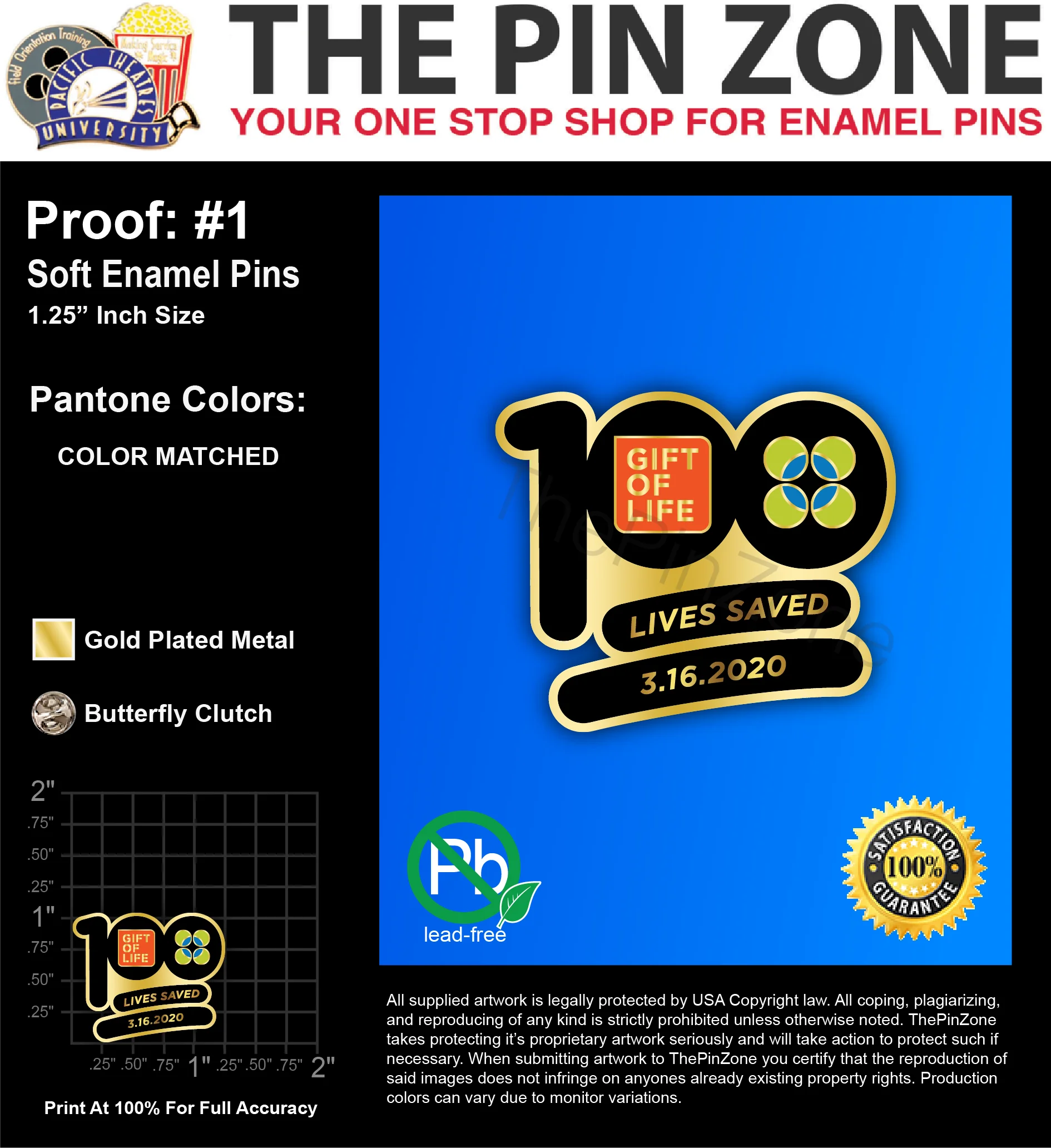 100 “GIFT OF LIFE” LAPEL PINS: PROOF #1