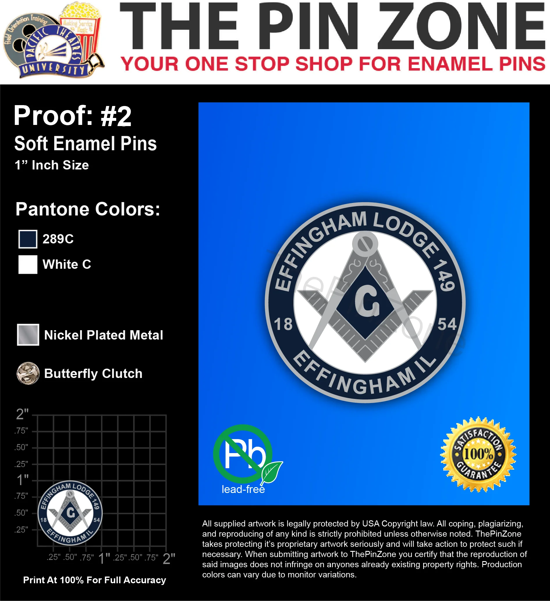 100 “EFFINGHAM LODGE 149” LAPEL PINS: PROOF #2