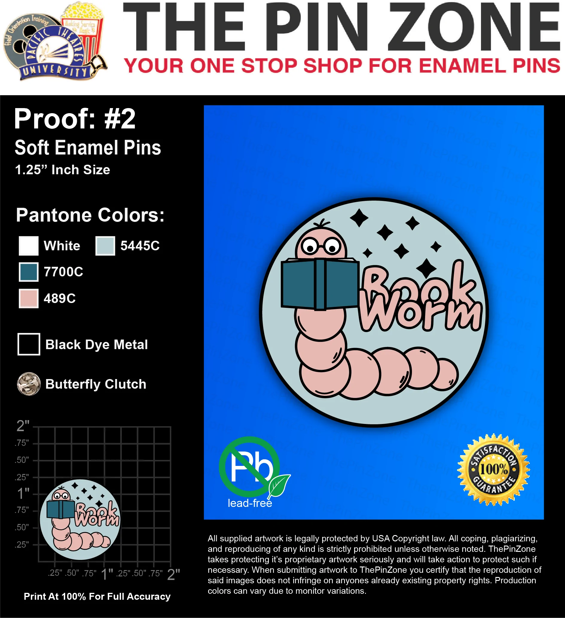 25 “BOOK WORM” LAPEL PINS: PROOF #2