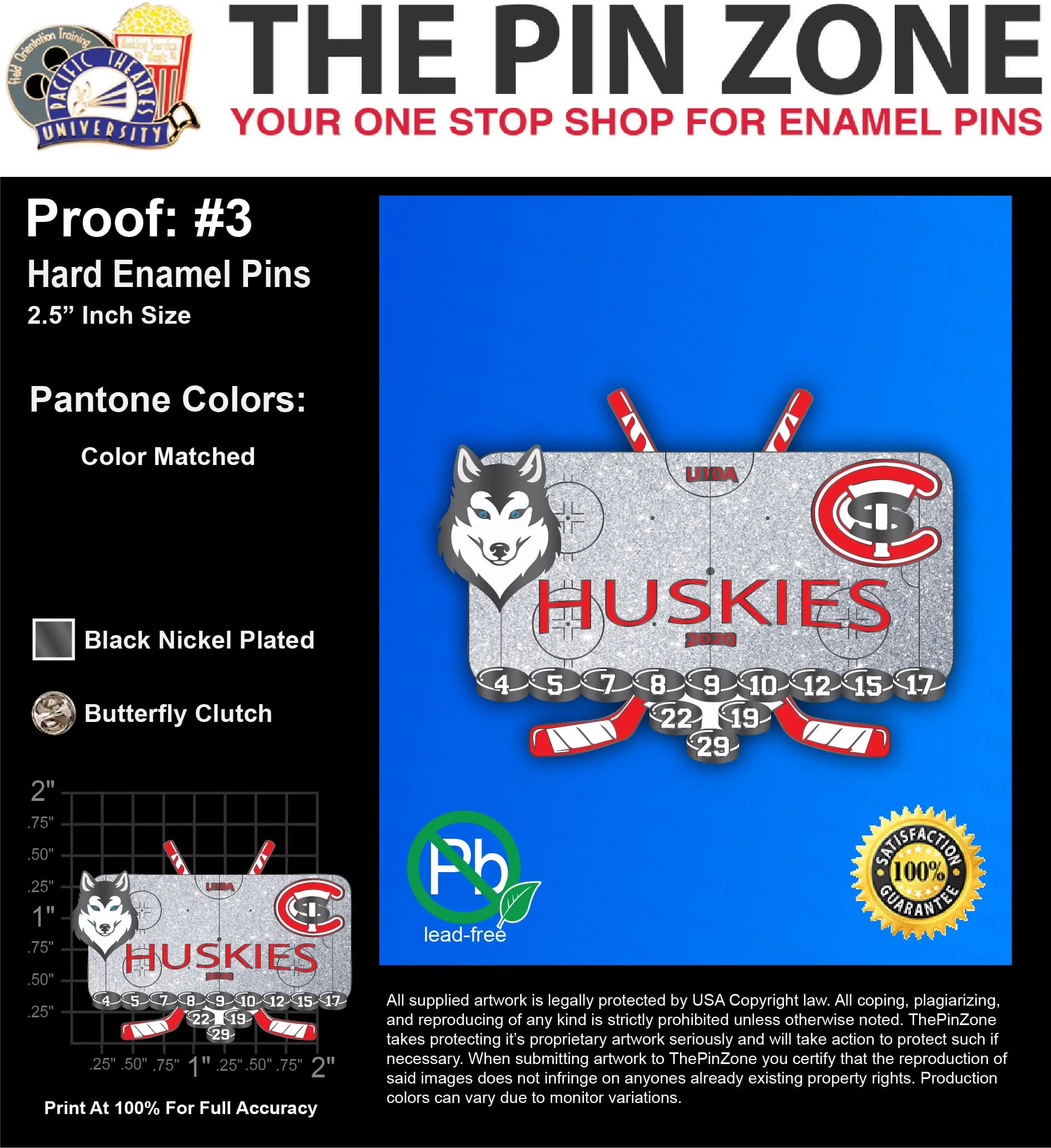 250 “HUSKIES” LAPEL PINS: PROOF #3