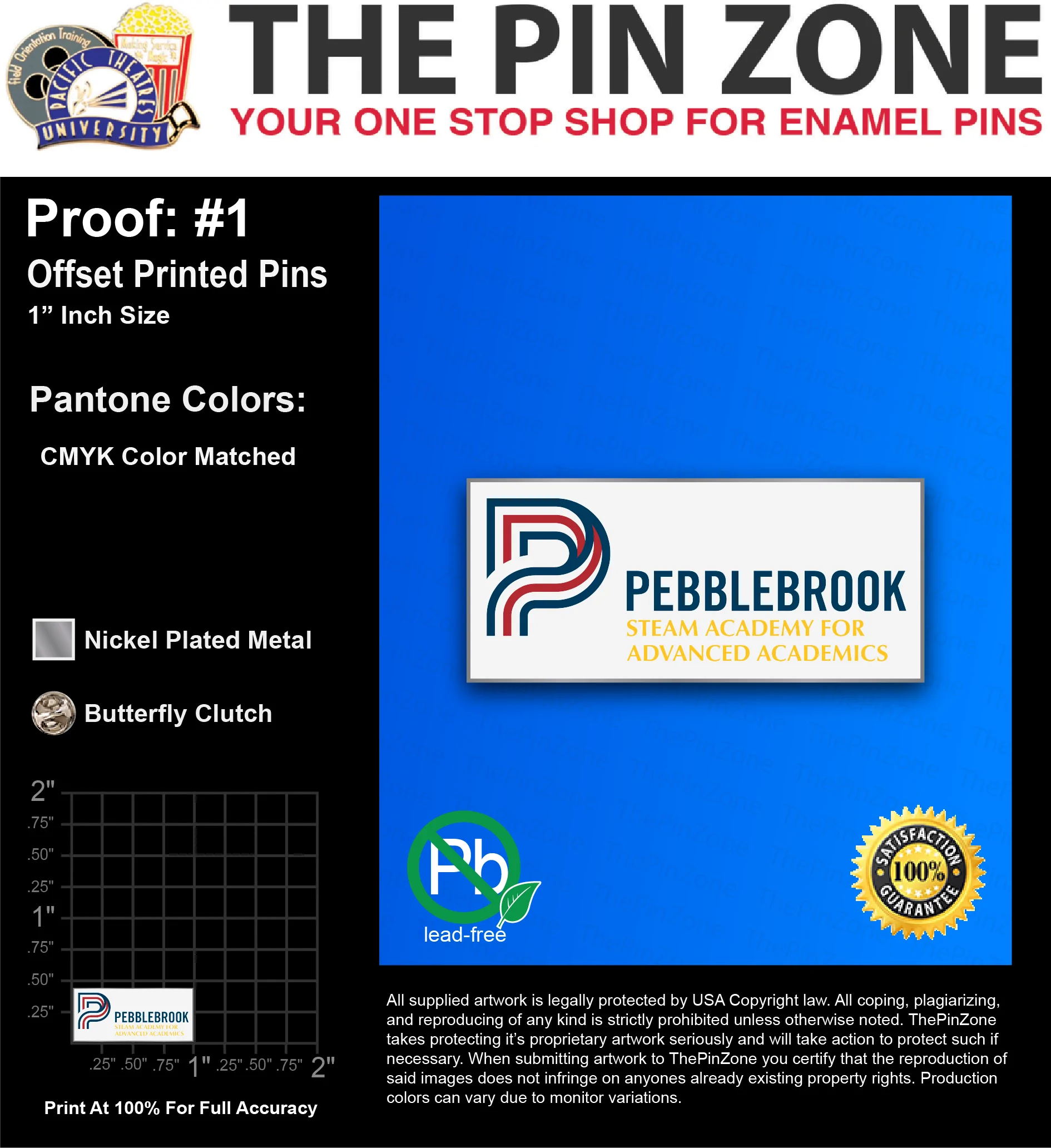 100 “PEBBLEBROOK” LAPEL PINS: PROOF #1