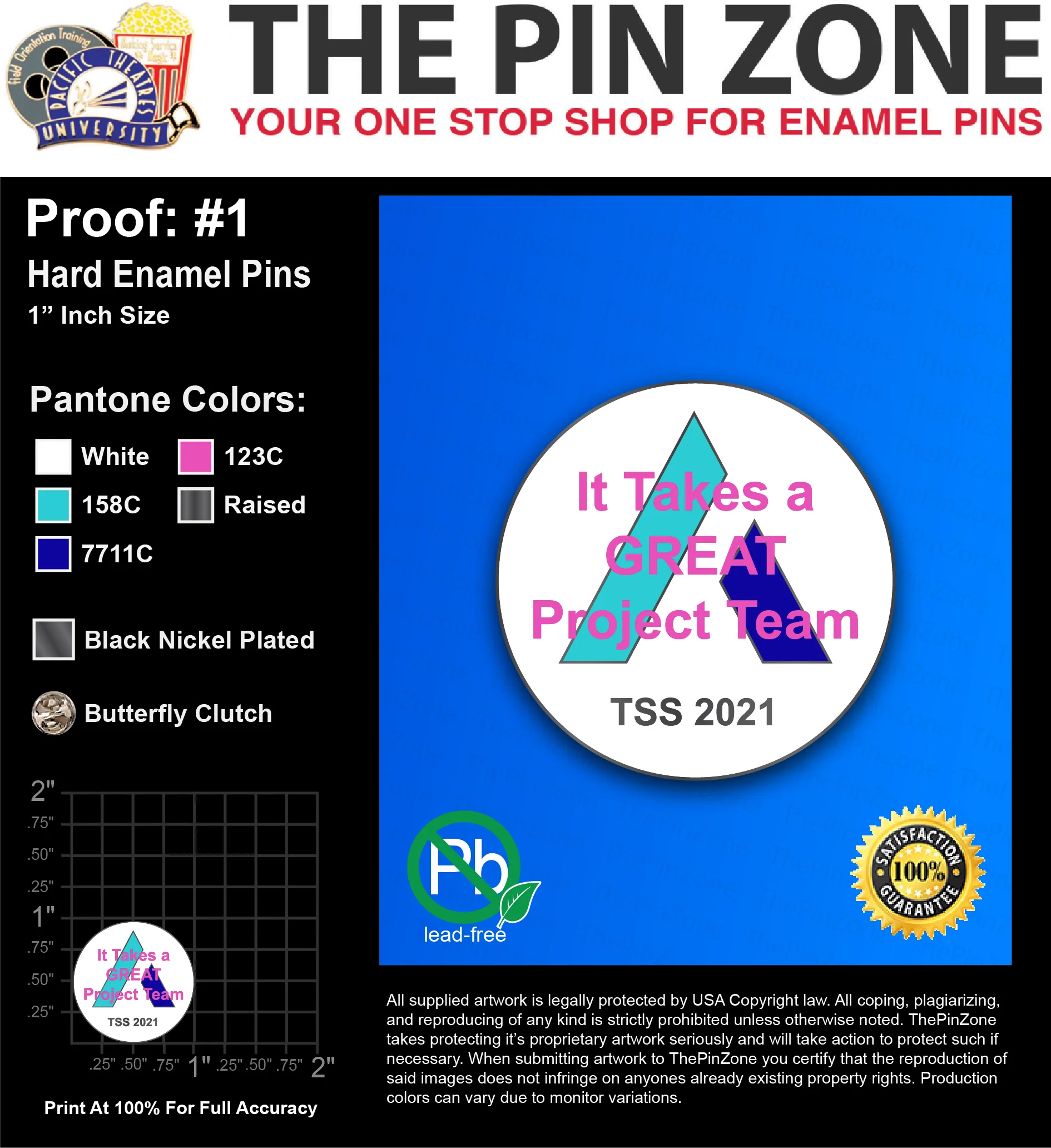 200 “TRACY B” LAPEL PINS: PROOF #1