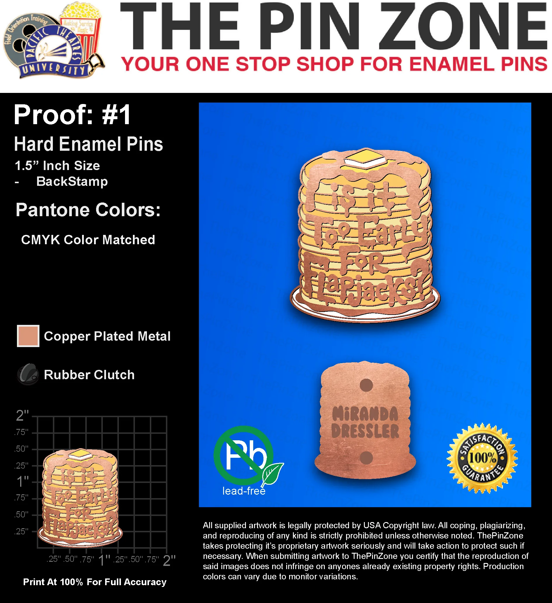 100 “MIRANDA D” LAPEL PINS: PROOF #1